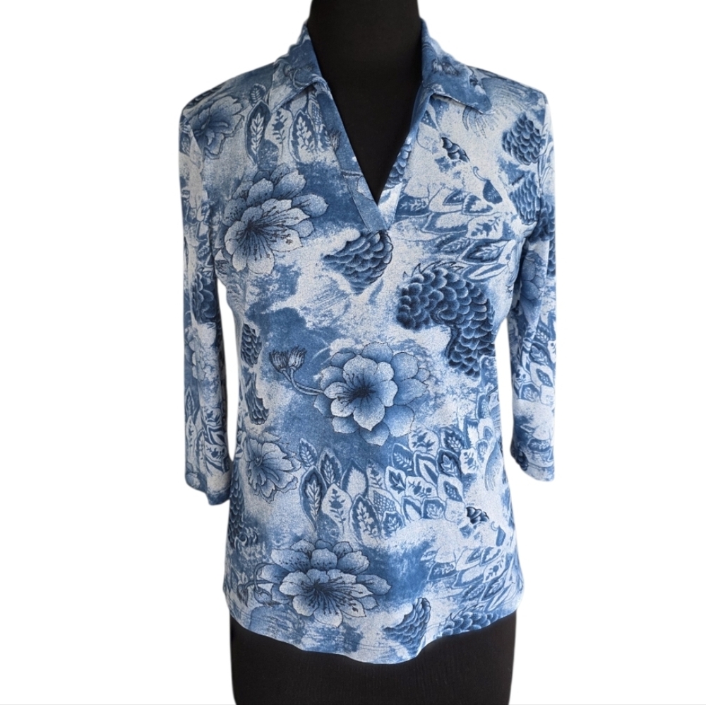Whimsigoth Mesh Vintage Y2K Nylon Top Blue White 3/4 Sleeve Blouse Style & Co
